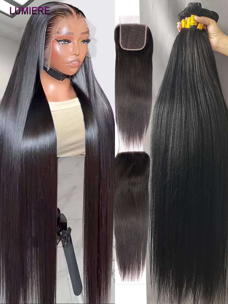 30 32 40 Inch Bone Straight Bundles With Frontal Closure Peruvian HD Lace Closures With Bundles Hair Weave Bundles With Closure