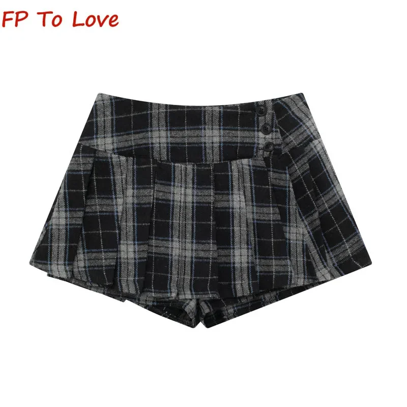 

Vintage College Style Three Button Anti-Walking Pleated Skirt Spice Girls Plaid Half-body Skirt Splicing Pleated A-line Skirt