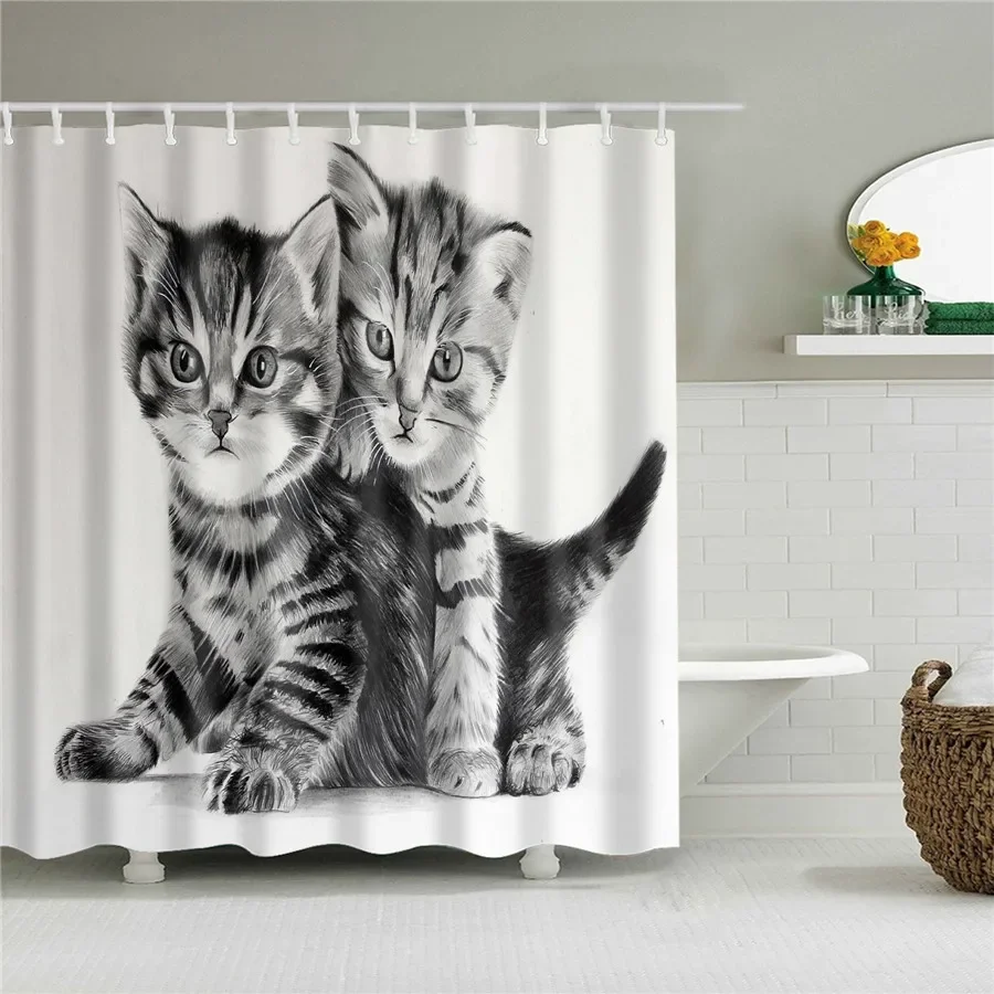Cartoon Cats Shower Curtain Bathroom Waterproof Polyester Kids with Hooks Animal Black White Home Decor