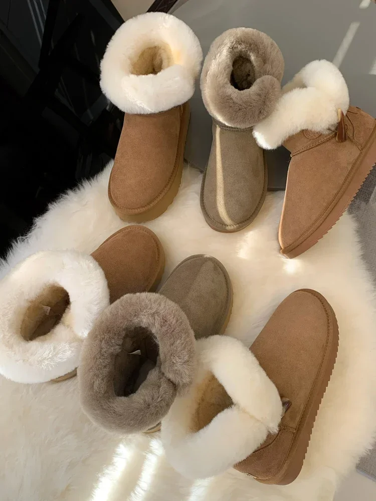 Australia Sheepskin Boots Women Platform Horn Button Fur Snow Boots Brown Naturak Wool Girl Winter Boots Anti-slip Warm Shoes