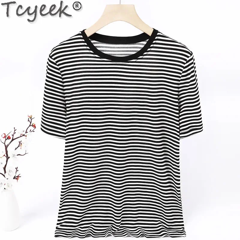 

Summer Tcyeek T-shirts Women's Short Sleeves 100% Mulberry Silk Tops for Women Clothes O-neck Striped T-shirt Camisetas LM