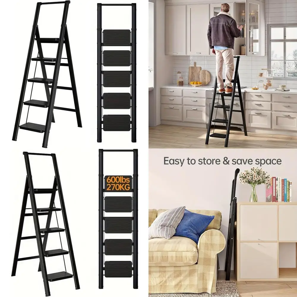 

Портативная стальная складная лестница с широкими ступеньками и поручнями, прочная 5-ступенчатая лестница для дома, кухни и офиса