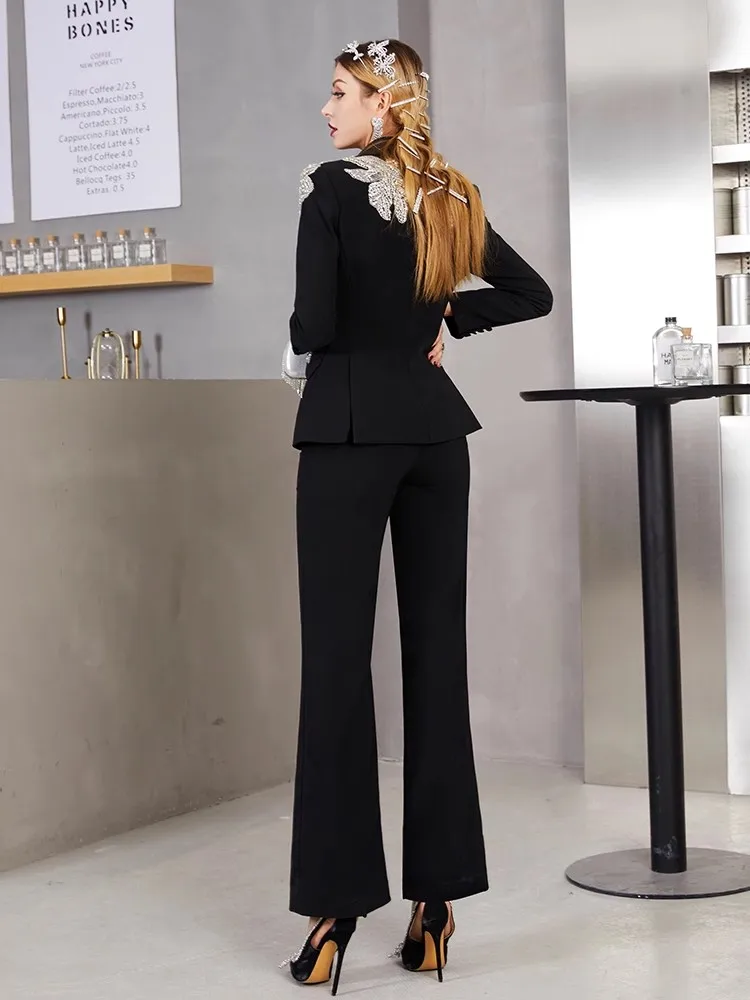 Luxus Frauen glänzende Diamanten Perlen Anzug Set Slim Fit Bankett zweiteilig Set elegante Büro Damen Blazer Jacke Hosen Anzüge Sets