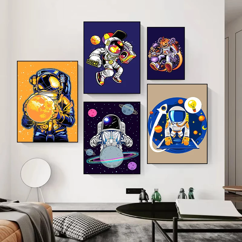 （2D Canvas painting） Cartoon Astronaut Cool Posture Space Walk Posters and Prints Wall Art Picture for Living Room Home Decor