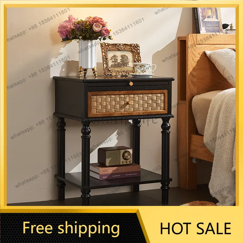 LJY solid wood rattan bedside table modern simple bedroom storage locker