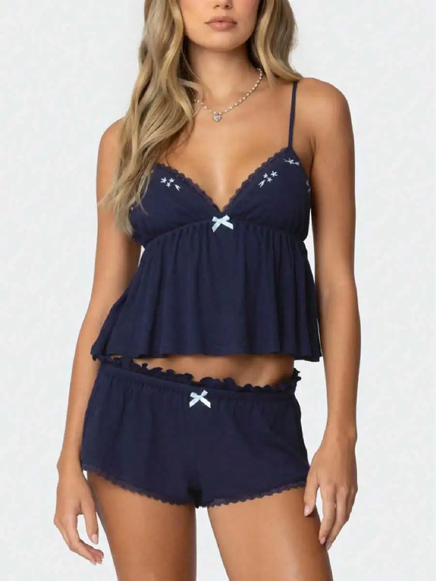 Blue Lace Trim Sleepwear Set Women Sleeveless Cami Top And Shorts