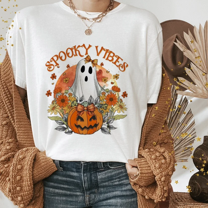 Women's Fashion T-Shirt Cartoon Cute Ghost Pumpkin T-Shirt Casual Printed Watercolor Trend 90s Pattern Top Women's Printed Cloth