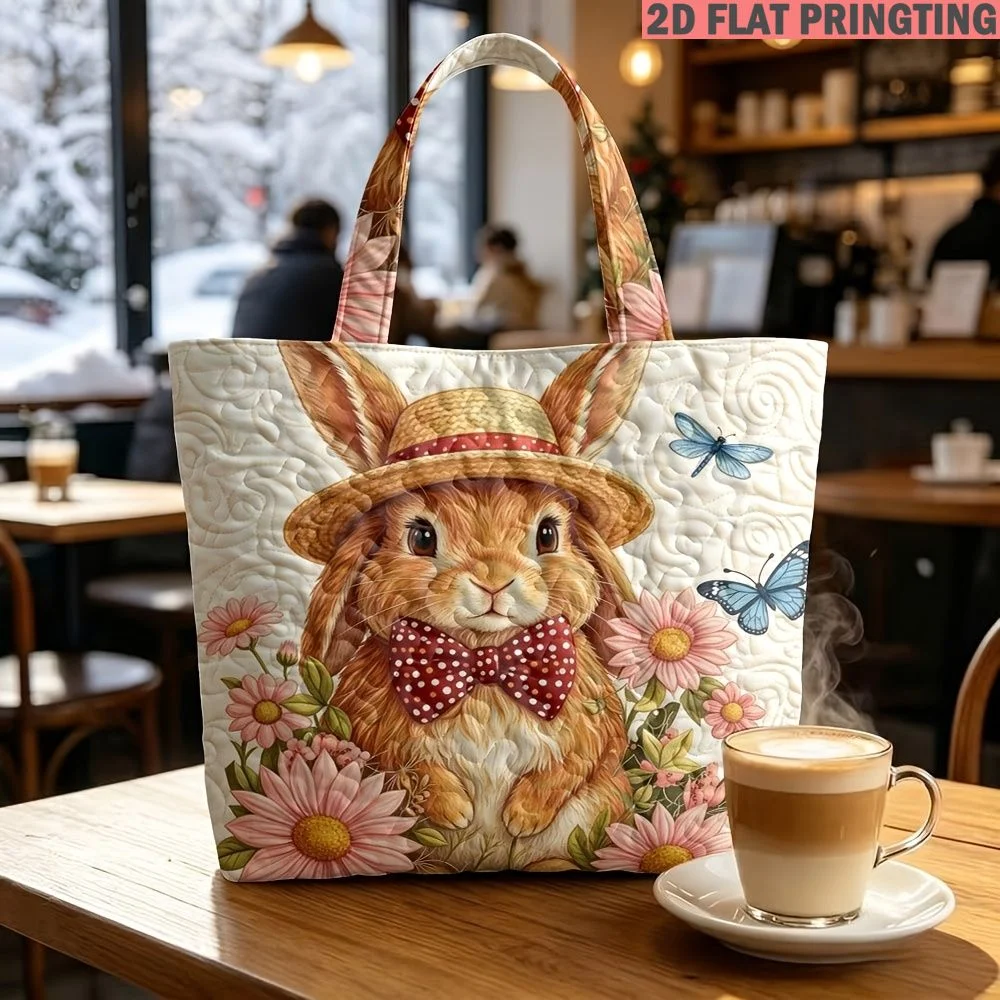

1pc Women's Tote Bag with Rabbit With Hat And Bowtie Among Flower Multi-Functional Large Capacity Quilted Bag, for Book, Laptop