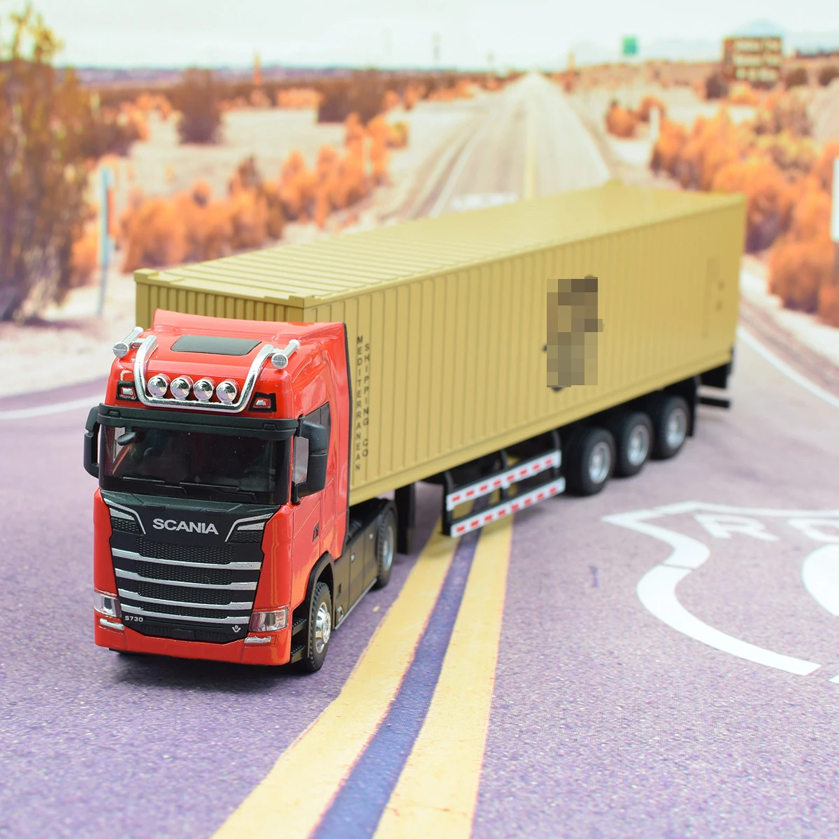 SCANIA-Diecast Metal Container Truck Toy, Puxar Para Trás Modelo, Som e Luz, Brinquedos Do Carro De Reboque, Presentes De Natal, 1:50