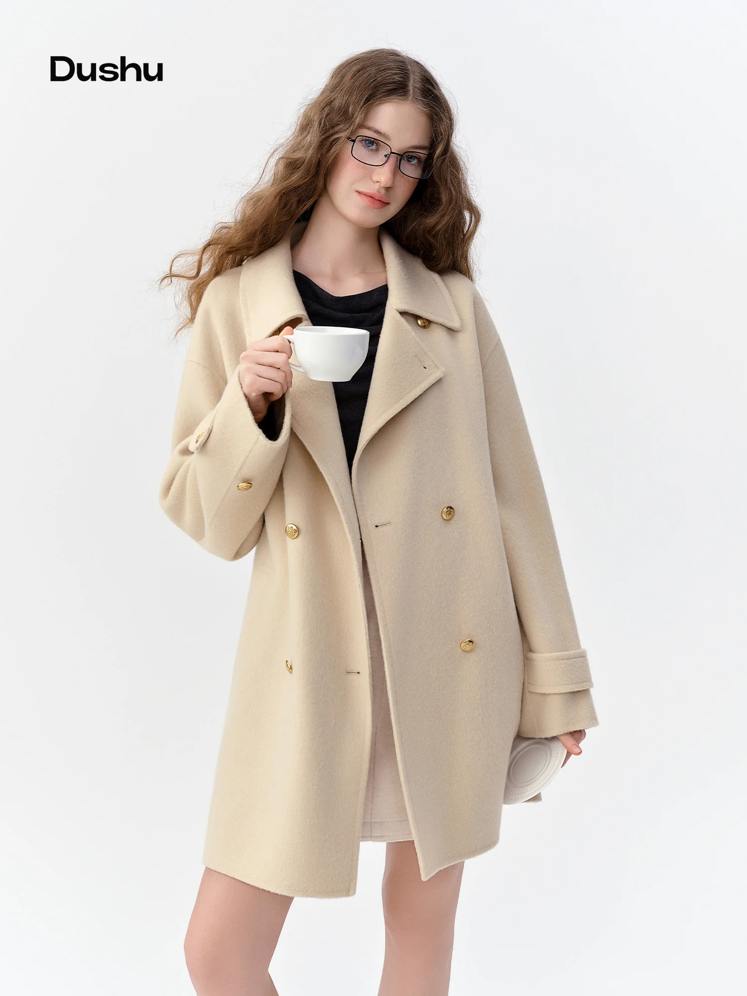 DUSHU 2026 Winter Women's Vintage British Double-Breasted Notch Lapel Wool Coat - Timeless Mid-Length Outerwear for Daily Wear