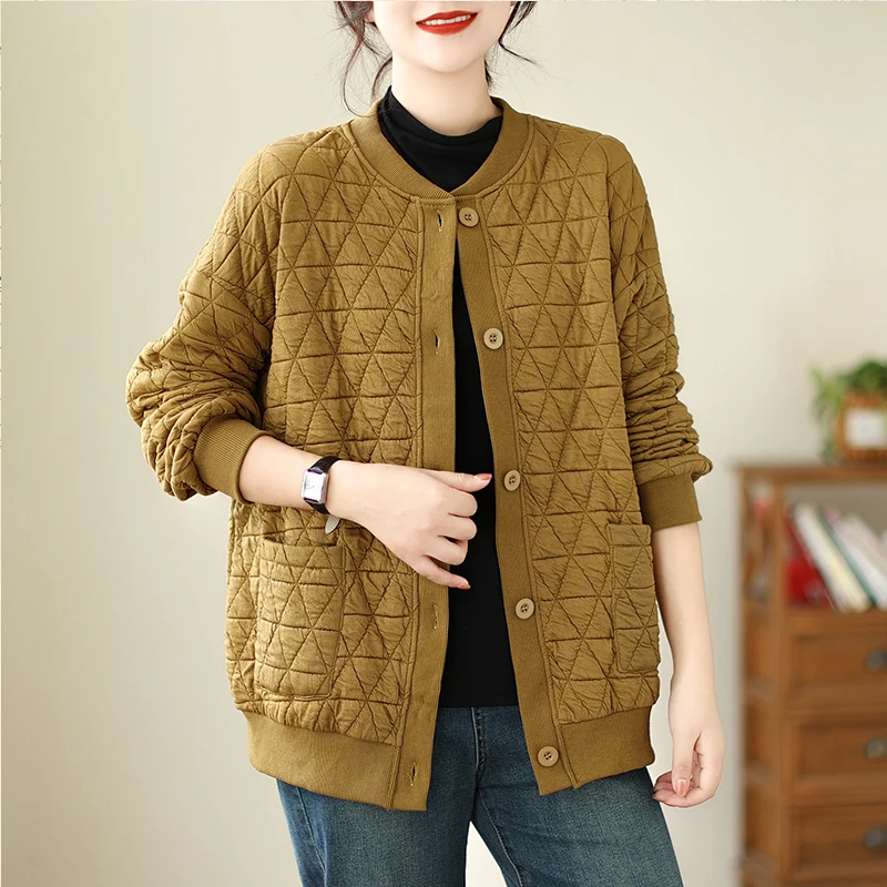 

910 Women Baseball Coats Winter Fall Fashion Triangular Texture Long Sleeve Thicken Cardigan Female Korea Style Elegance Jackets