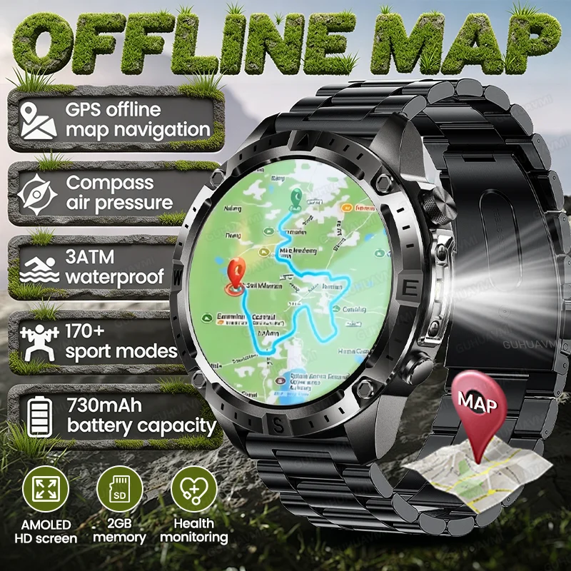 

New GPS Smart Watch Outdoor Map Navigation Compass Flashlight 730mAh Battery 3ATM Waterproof BT Call Men Sport AMOLED Smartwatch