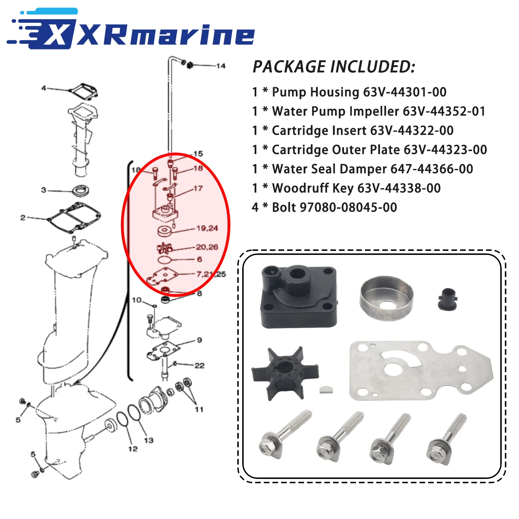 Water Pump Repair Kit 63V-W0078-00 for Yamaha Parsun Outboard 2 4 Stroke 9.9HP 13.5HP 15HP F9.9 F15 Engine Impeller 63V-44352-00