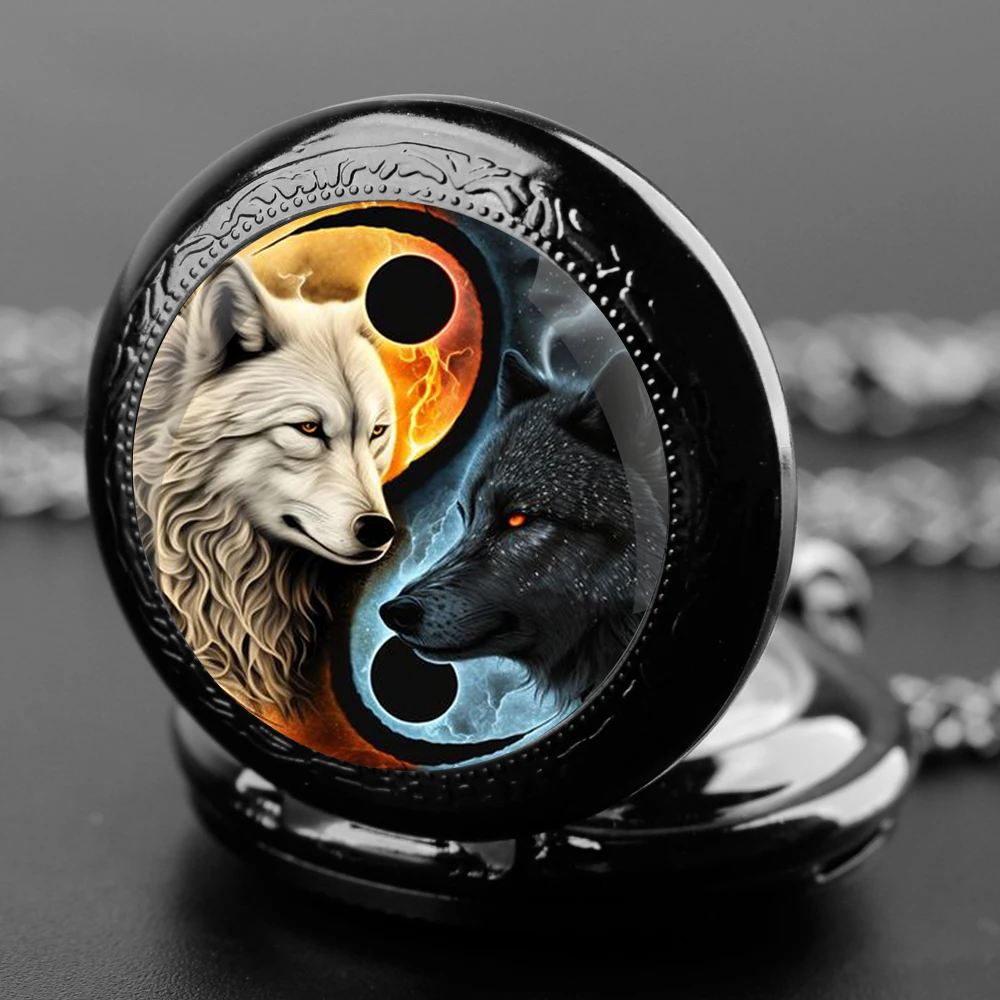 Creative Wolf of Yin and Yang Design Quartz Pocket Watches for Women Men Watch Unique Pendant Clock Necklace Kids Jewelry Gifts