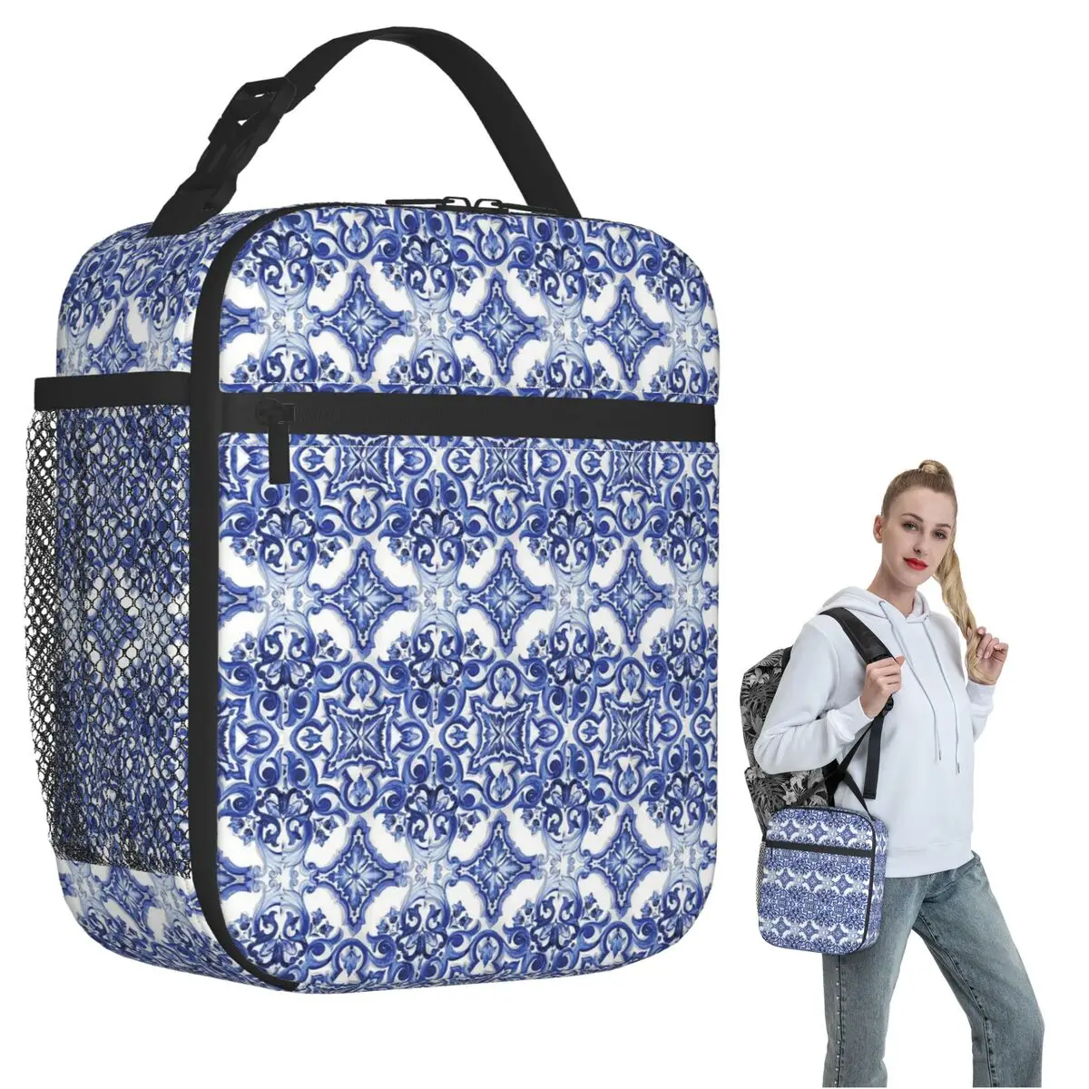 

Blue Ornate Floral Mediterranean Sicilian Tile Insulated Lunch Bag for Women Children Portable Food Boxes Thermal Lunch Box Tote