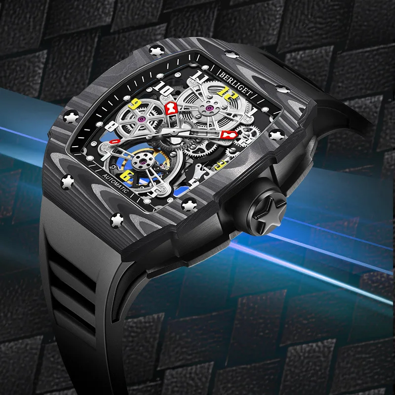 럭셔리 패션 방수 빛나는 탄소 섬유 케이스 자동 남자 시계 기계식 손목 시계 남성용 선물 시계 남성