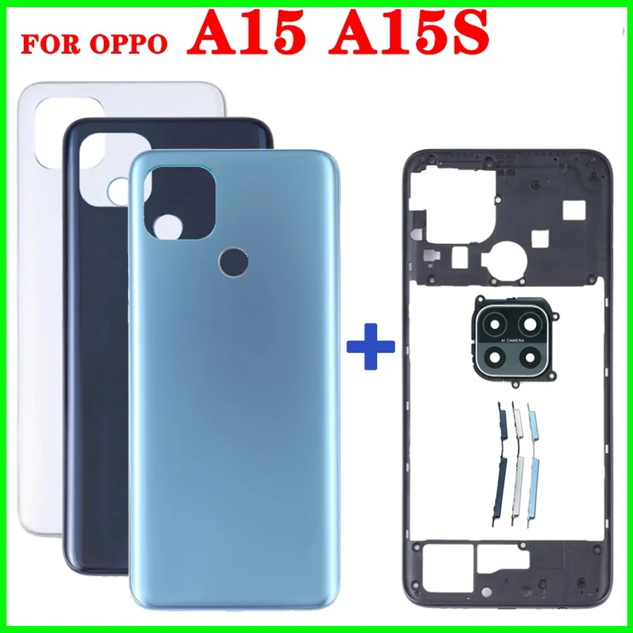 Back Battery Cover housing For Oppo A15 / A15S LCD Front Middle frame With Camera Lens Side Key Button