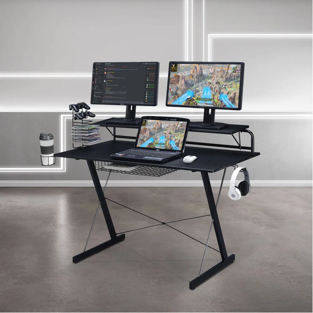 

Techni Sport TS-200 Carbon Computer Gaming Desk with Shelving, Black