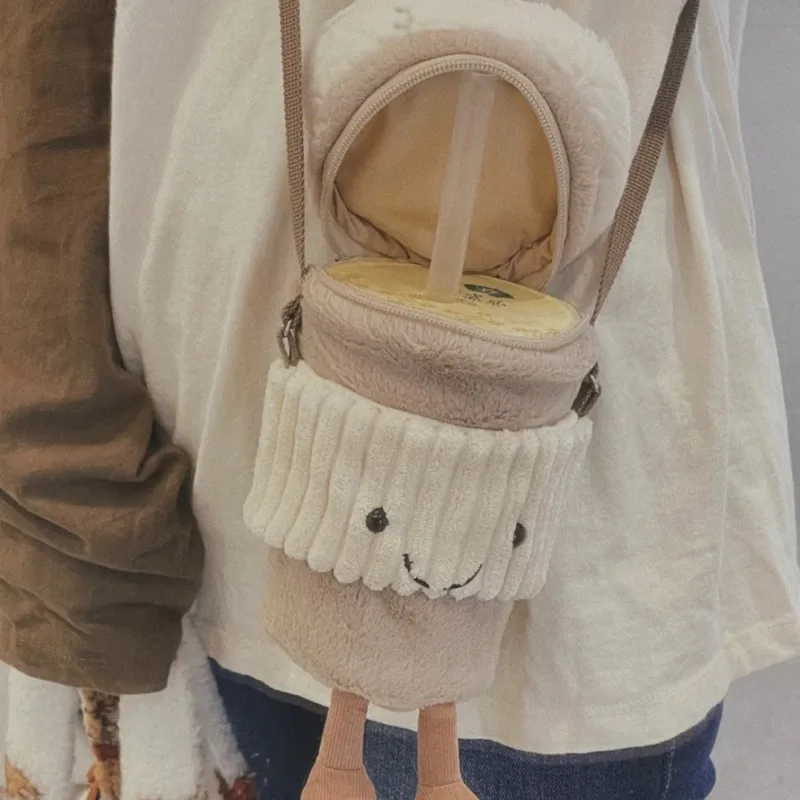 New Crossbody Women's Bag Coffee Milk Tea Bag Plush Bag Amusable Carry Toy Cup Holder Crossbody Soft Single Strap Shoulder Bag