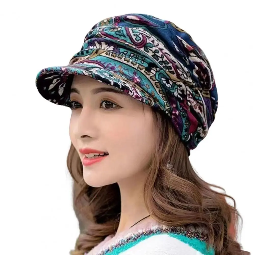 

Warm Simple Girls Cap Foldable Earflap Mom Hat Floral Print Cotton Ethnic Style Cap Baseball Cap Peaked Cap Women Hat