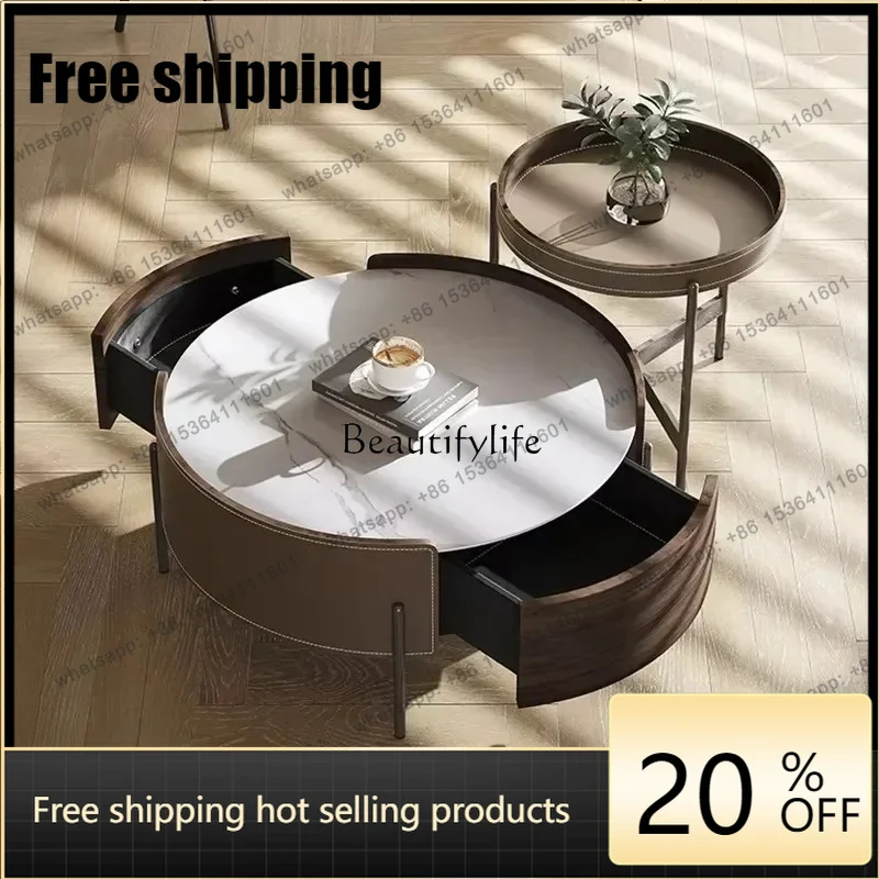 Customization Round Easy To Clean Coffee Tables For Hotels Luxury High-end Table With Drawers Italian Saddle Leather Side Tables