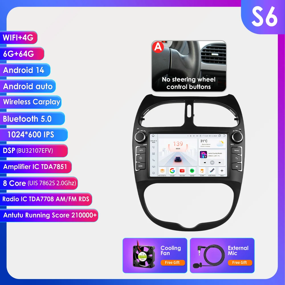 Hizpo 7862 2din Android 14 autoradio voor PEUGEOT 206 206CC 206SW 2000-2008 multimediaspeler GPS autoradio Carplay Navi