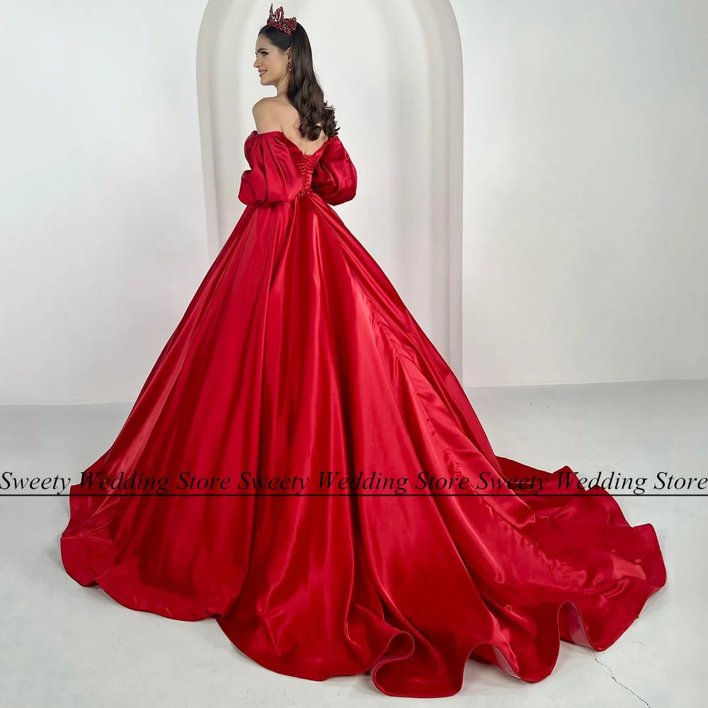 Jiayigong-vestido de novia de satén, corsé rojo personalizado, mangas abullonadas, cinturón plisado con cuentas, Abaya