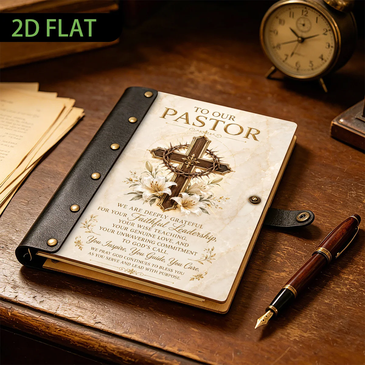 1PC Pastor Appreciation Cross Leather Wood Notebook 2D Flat, Marbled Marble Cross Journal, Hardcover Riveted Notebook