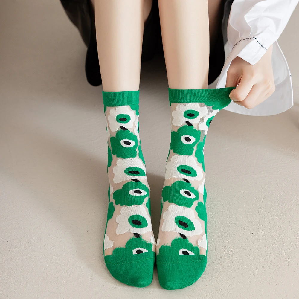 Socks Women's Spring And Summer Medium And Short Tube Thin Transparent Glass Stockings Kawaii Green Fashion Casual Nylon Socks