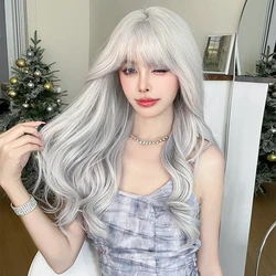 NAMM Costume Wig Synthetic Body Wavy Cool Silvery  Wig For Women Daily Use High Density Layered Hair Wigs With Fluffy Bangs