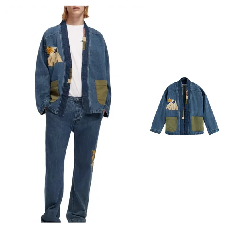 

Boyfriend Style Jacket Floral Patchwork Denim Top Vintage Spring Autumn Cotton Long Sleeve V-Neck Button Closure