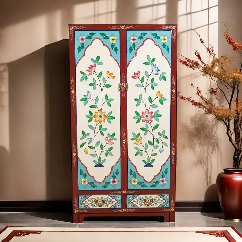 Tibetan Style Solid Wood Wardrobe Bedroom Painted Simple Storage Cabinet Household Locker Chinese Decorative Furniture