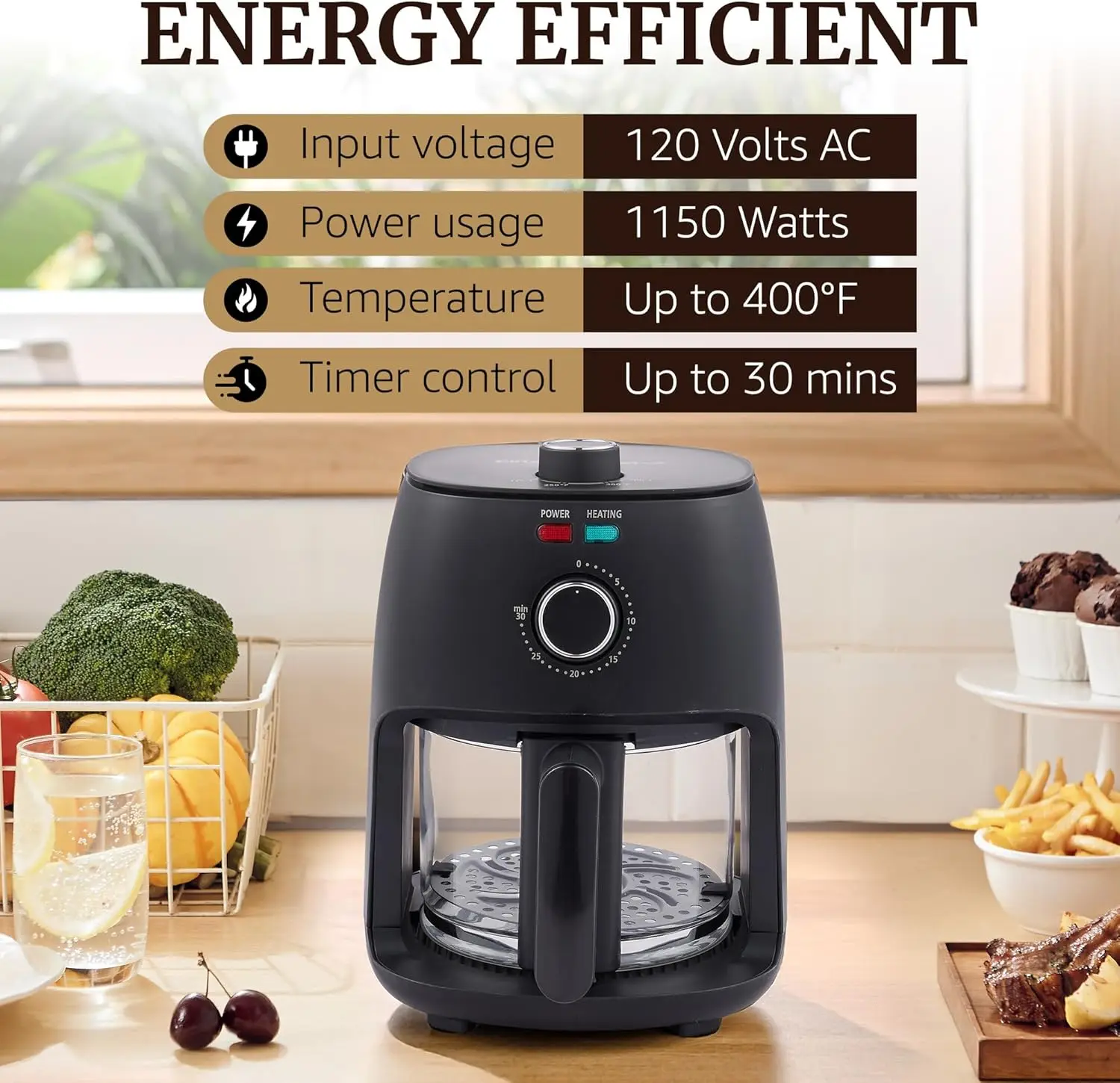 EAF2305 glazen luchtfriteuse, 2,4 Qt, PFAS-vrij keramisch gecoat, 1150 W, 175–400 ° F, timer van 30 minuten, zwart