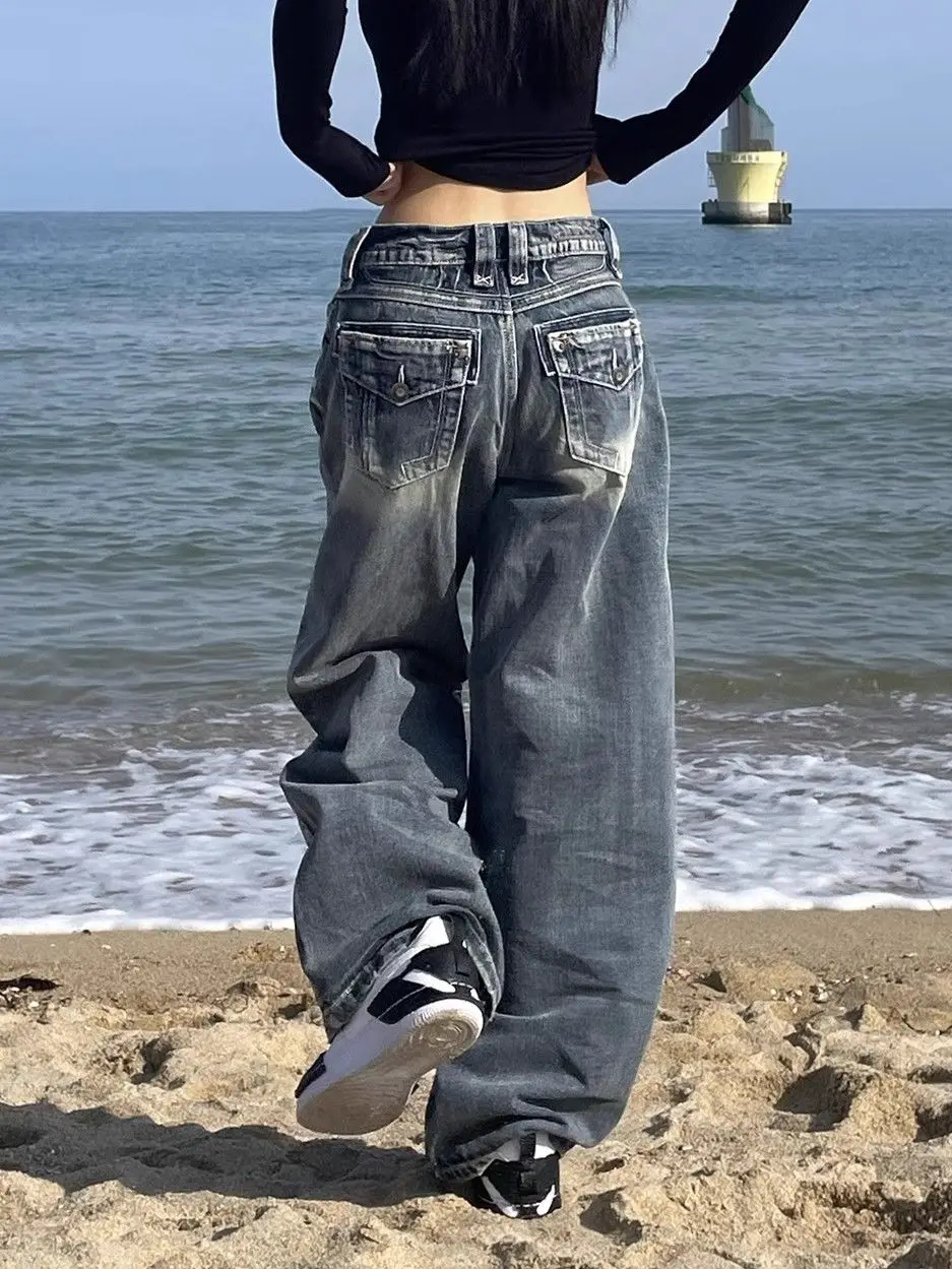 

Oversize American High Street Retro Wide-leg Jeans for Women Design Wash Loose and Slim High Waist Straight-leg Floor Pants Y2k