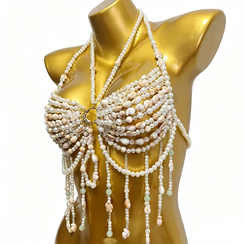 Handmade Festival Bra Top Mermaid Bridal Chest Statement Blue Gemston Crystal Body Chain White Shell Pearl Beaded Bralette - view 5