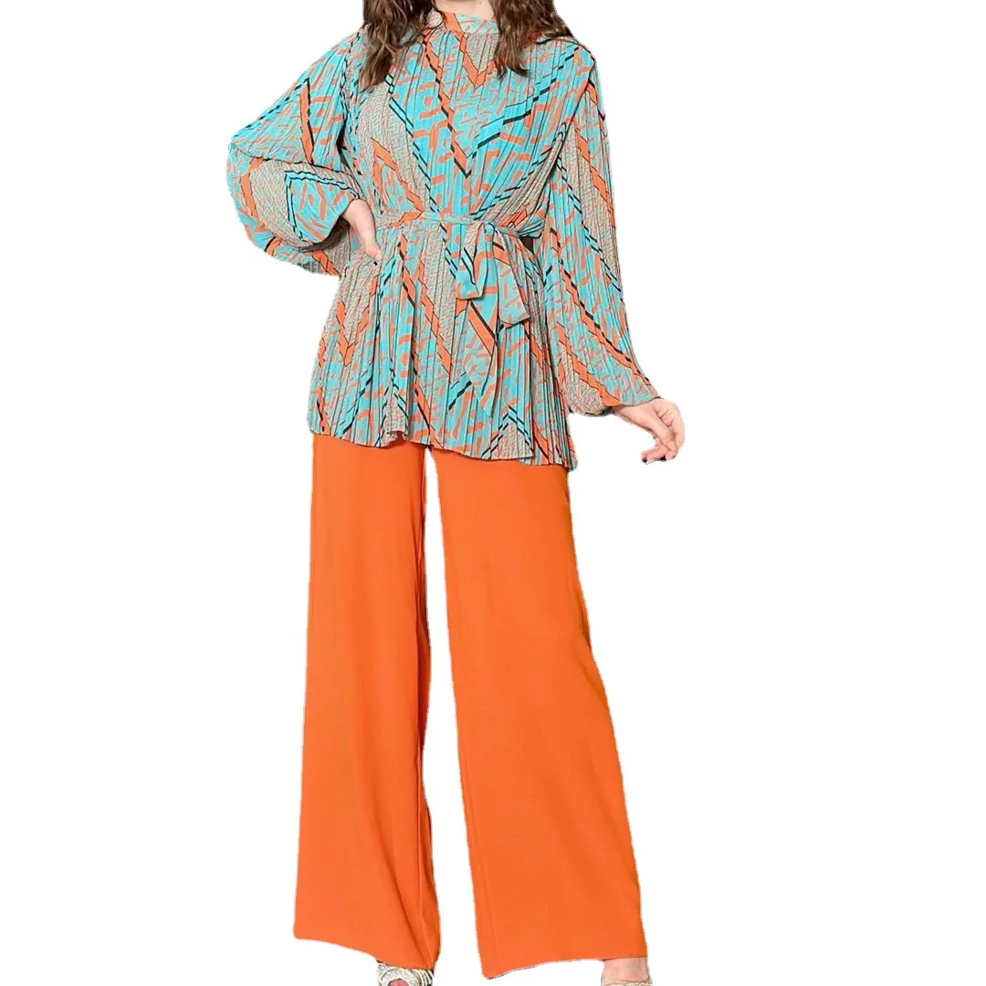 

Spring Autumn Vintage Print Pants Sets Women Puff Sleeves Pleated T-shirt Wide Legs Trousers Two Piece Set Lady Commuting Suits