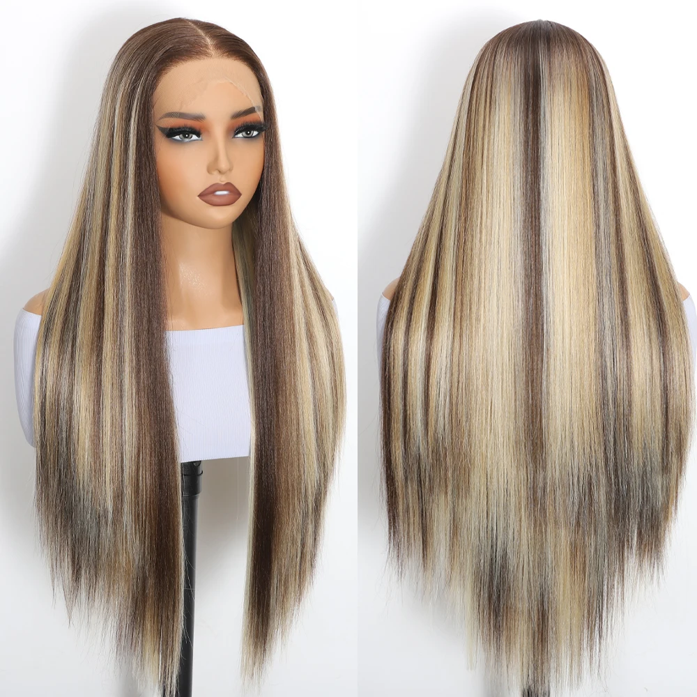 28 Inch Straight T-part Lace Front Wig Long Honey Blonde Highlight Synthetic Heat Resistant Wig for Women