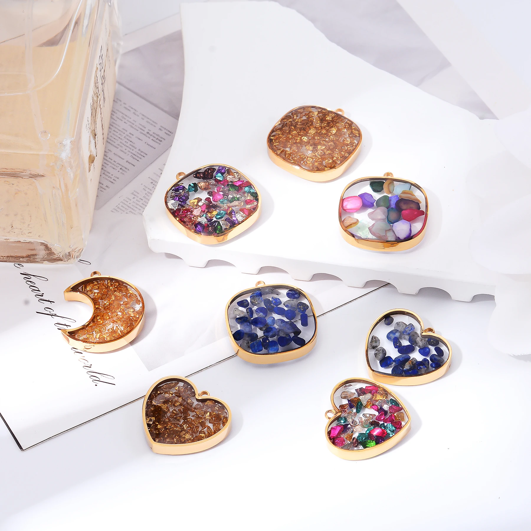 

5 шт., прозрачный гравийный кулон с дофамином, нержавеющая сталь, квадратное сердце, луна, подвеска, серьги «сделай сам», ожерелье, принадлежности для изготовления ювелирных изделий