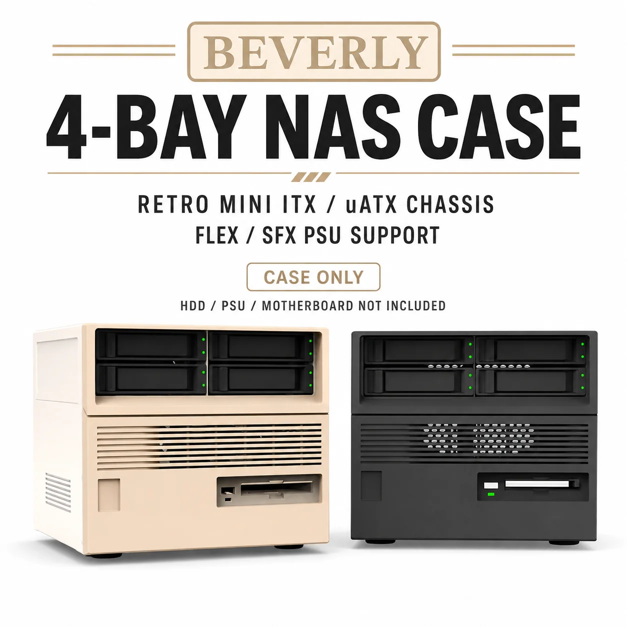 Beverly Retro 4-Bay NAS Case for Mini ITX UATX Motherboard 3.5 Inch HDD FLEX SFX PSU Compact PC Chassis Case with Backplane