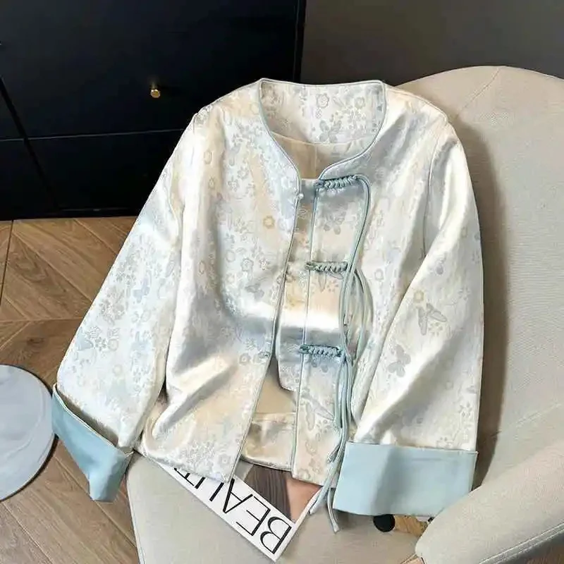 New Chinese Style Button Short Bow Coat Jacquard Minority Elegant Slim Loose All-match Premium Mujer Chaqueta