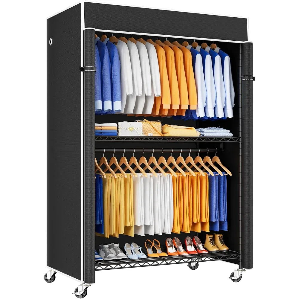 P8C Heavy Duty Clothes Rack（With Extended Width Design） Rolling Clothing Racks for Hanging Clothes with Lockable Wheels，51.2