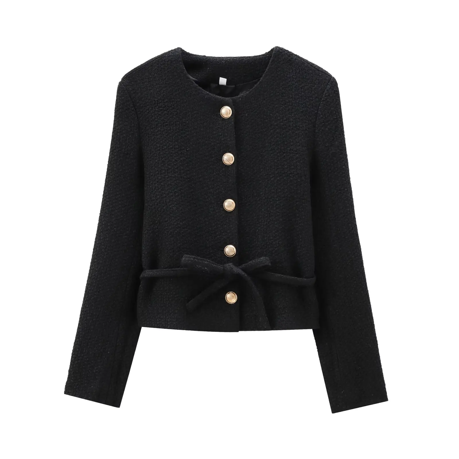 

Women's new Fashion lace up decoration slim short O Neck textured jacket coat retro long sleeved button up women's coat chic top