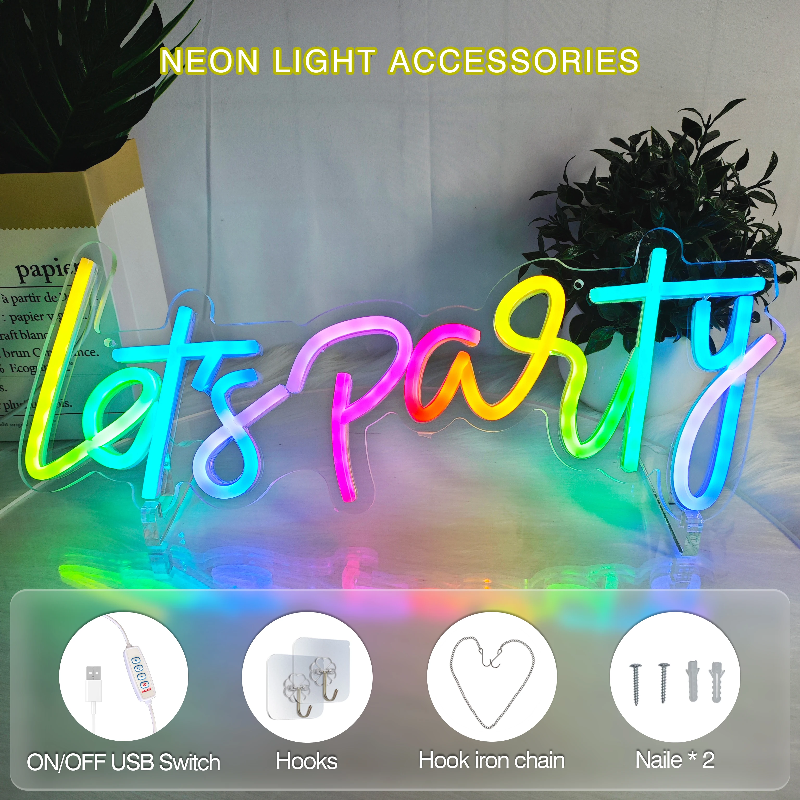 1 colorful Let's Party neon sign, adjustable in color and speed, used for parties, bedrooms, living rooms, bars, dance halls