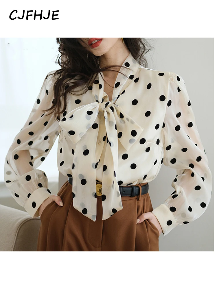 CJFHJE Blouse&Suit Pants Women Stylish Office Ladies Sets Polka Dot Shirts Long Sleeve Bow Tops High Waist Ankle-Length Trouser