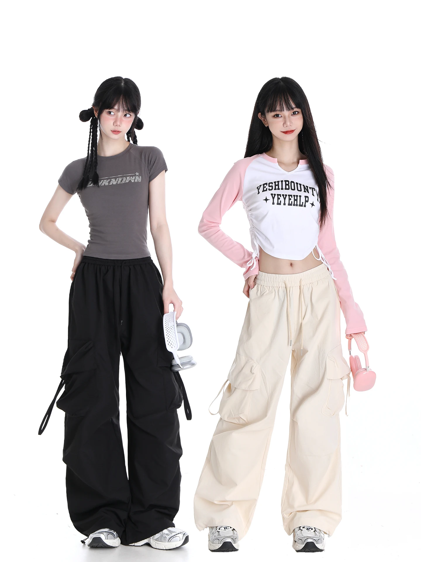 American Retro Sweet Hot Girl Cargo Trousers Baggy Pants Elastic High Waist Straight Wide Leg Casual Long Pants Women Summer