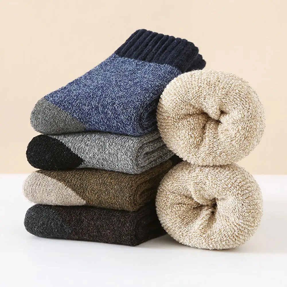 Men Thickened Wool Socks Color-Block Winter Ribbed Terry Socks Breathable Warm Casual Crew Socks for Daily Errands Workout Outdo