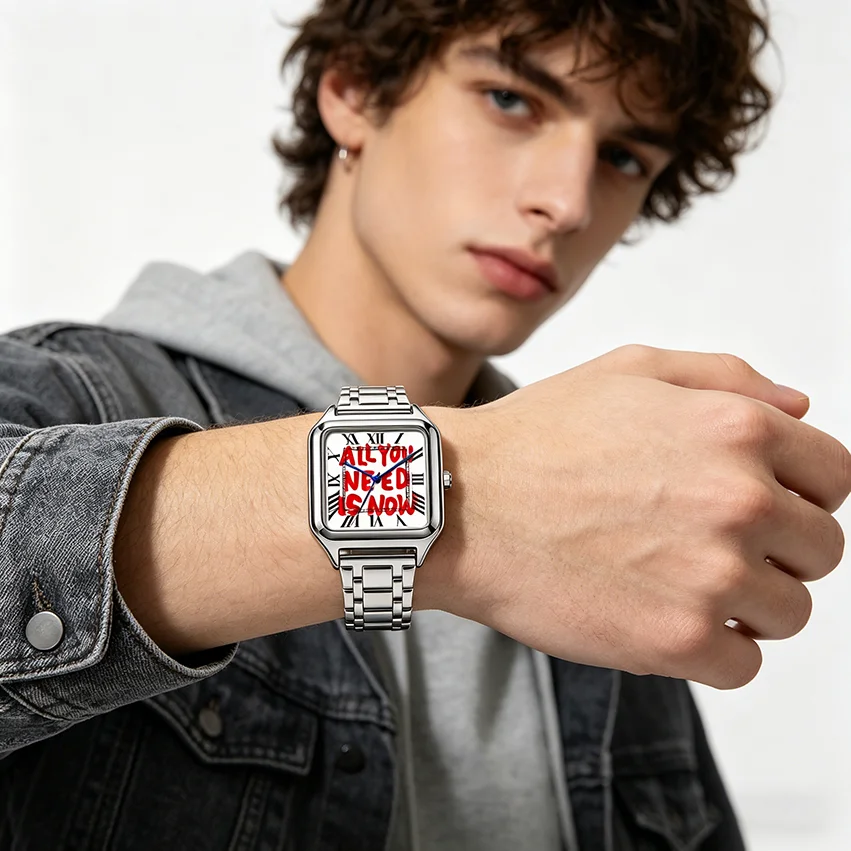 Ladies' Men Square Luxury Watch, Slogan Text on the Large Dial, 30-Meter Water Resistance, Elegant Design, Stainless Steel Strap