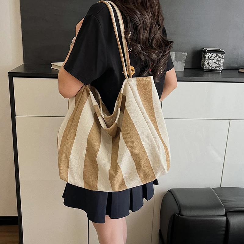 Sommerliche gestreifte Canvas-Tragetasche für Damen, lässig, große Kapazität, einfache Umhängetaschen, Einkaufshandtasche, tägliche Tragetasche – Detail 10