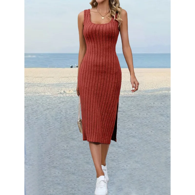 

insNew Sexy Hot Girl Ribbed Design Side Slit Slim Fit Slimming Dress