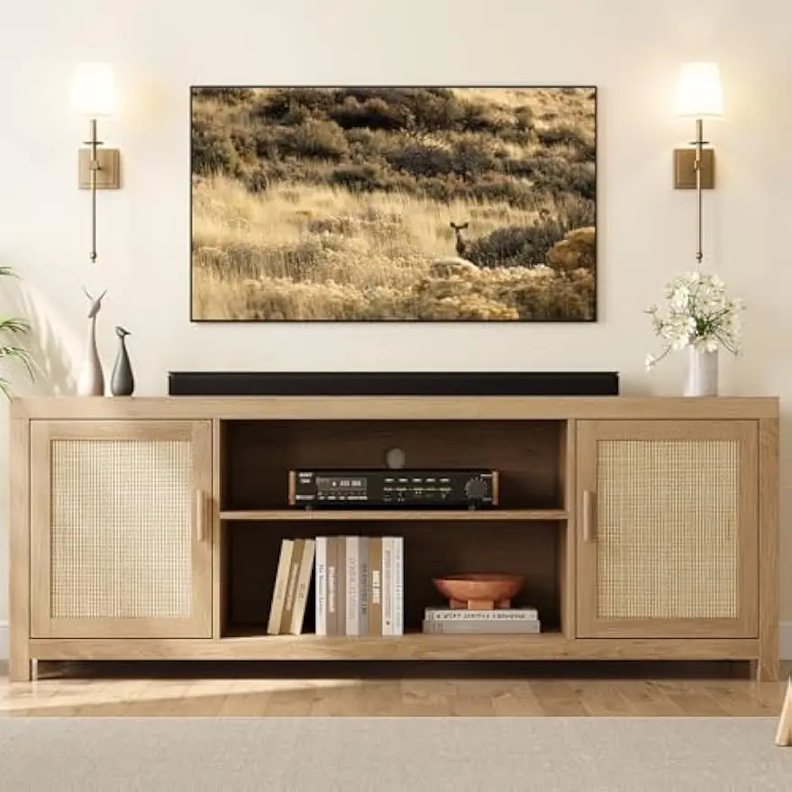

Подставка для телевизора GarveeHome Boho для 75-дюймового телевизора, развлекательный центр из ротанга с местом для хранения вещей, деревянная подставка для телевизора и медиа-консоль Под шкаф для телевизора